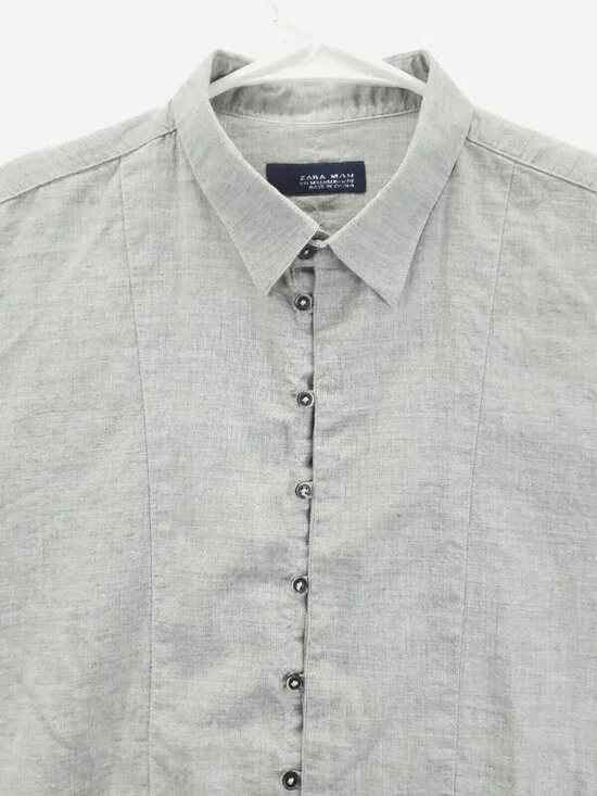 Zara Man Shirt Men Medium Gray Cotton Long Sleeve Classic Button-Up - Picture 3 of 10